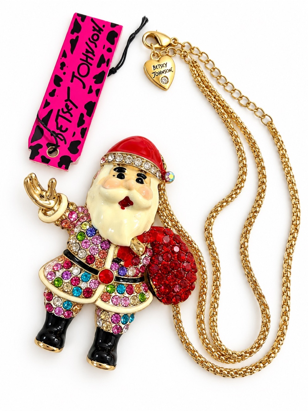 🎄 NWT Betsey Johnson Rhinestone Santa Claus Pendant Necklace – Holiday Statement